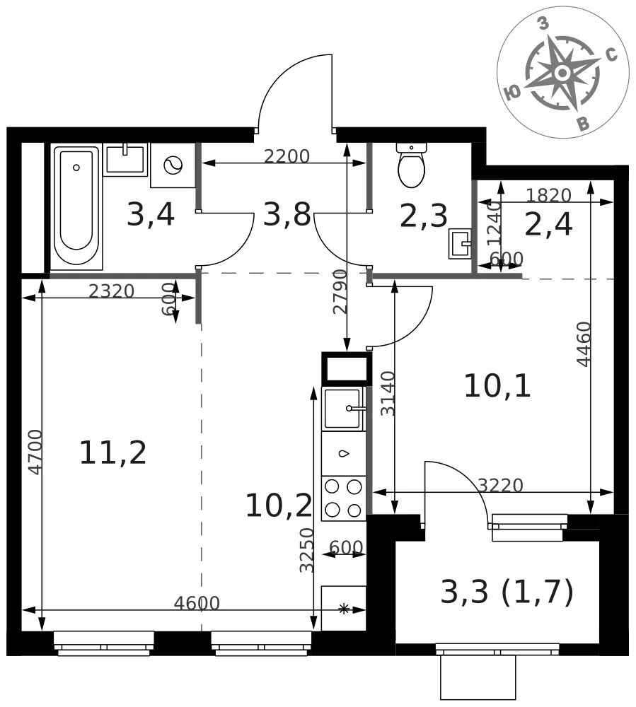 Планировка 2-комн. квартира, 45.1 м² ЖК «1-й Химкинский»