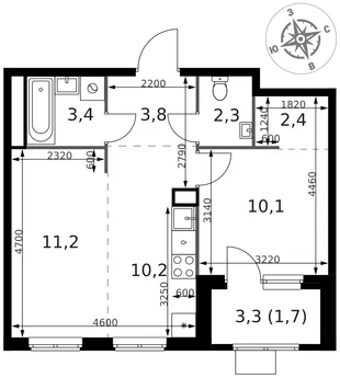 Планировка 2-комн. квартира, 45.1 м² ЖК «1-й Химкинский»