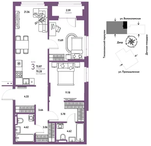 Планировка 3-комн. квартира, 72.87 м² ЖК «Страна Прибрежная»
