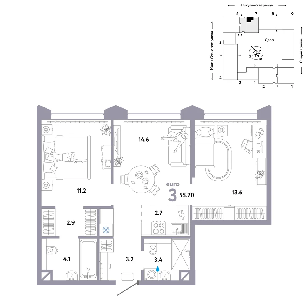 Планировка 3-комн. квартира, 55.7 м² ЖК «Страна.Озёрная»