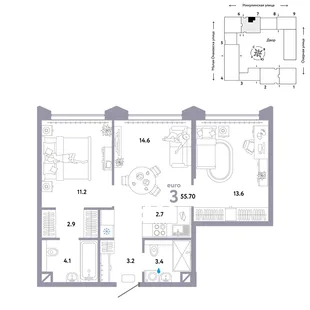 Планировка 3-комн. квартира, 55.7 м² ЖК «Страна.Озёрная»