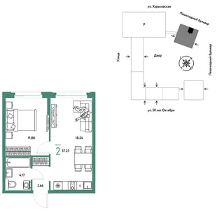 Планировка 2-комн. квартира, 37.25 м² ЖК «Сердце Сибири»