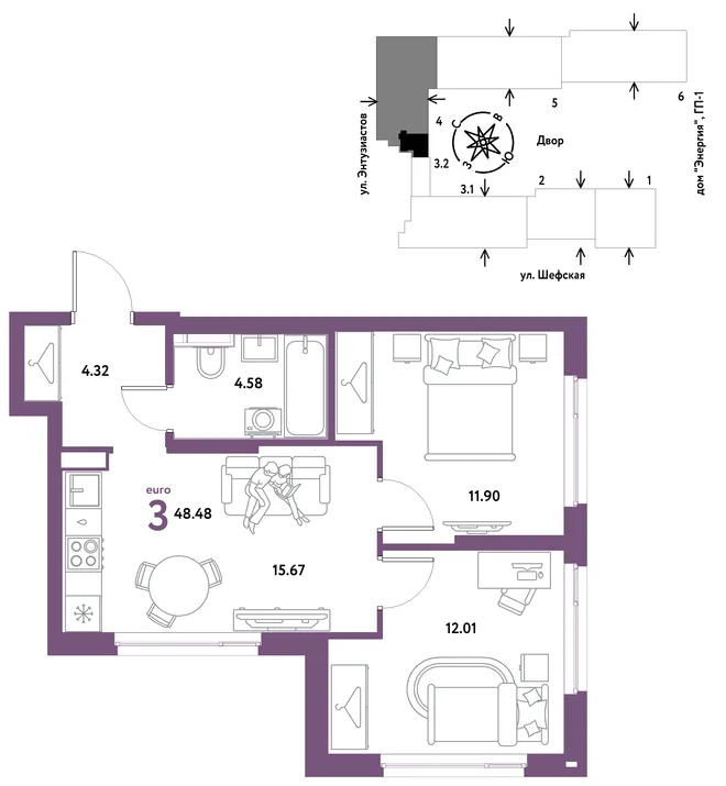 Планировка 3-комн. квартира, 48.48 м² ЖК «Страна.Энтузиастов» Планировка 3-комн. квартира, 48.48 м² ЖК «Страна.Энтузиастов»