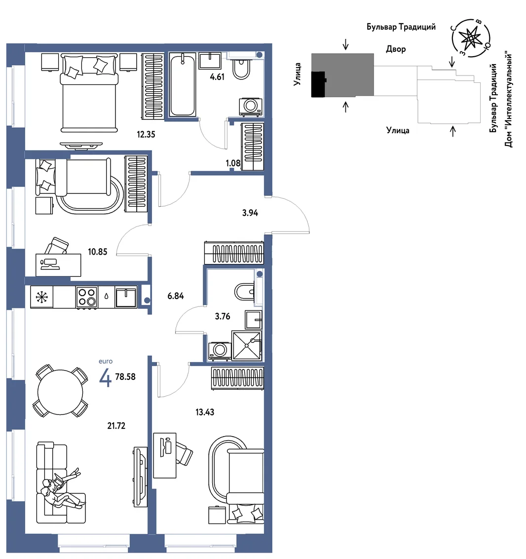 Планировка 4-комн. квартира, 78.58 м² ЖК «Микрорайон Домашний»