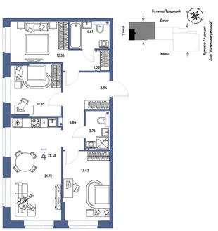 Планировка 4-комн. квартира, 78.58 м² ЖК «Микрорайон Домашний»
