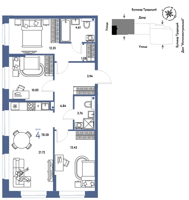 Планировка 4-комн. квартира, 78.58 м² ЖК «Микрорайон Домашний» Планировка 4-комн. квартира, 78.58 м² ЖК «Микрорайон Домашний»