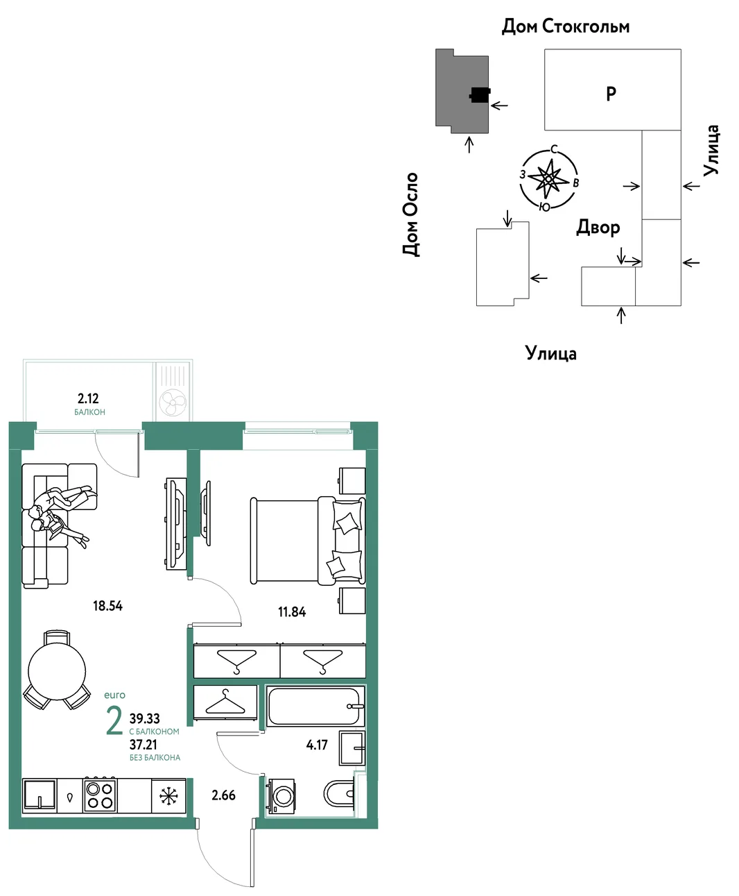 Планировка 2-комн. квартира, 39.33 м² ЖК «Европейский берег 2.0»