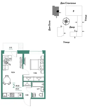 Планировка 2-комн. квартира, 39.33 м² ЖК «Европейский берег 2.0»