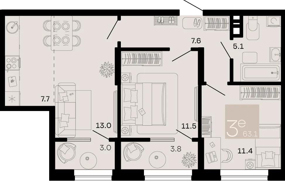 Планировка 3-комн. квартира, 63.1 м² ЖК «Хозяин морей»