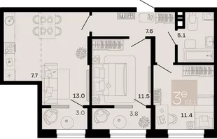 Планировка 3-комн. квартира, 63.1 м² ЖК «Хозяин морей»