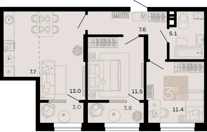 Планировка 3-комн. квартира, 63.1 м² ЖК «Хозяин морей» Планировка 3-комн. квартира, 63.1 м² ЖК «Хозяин морей»