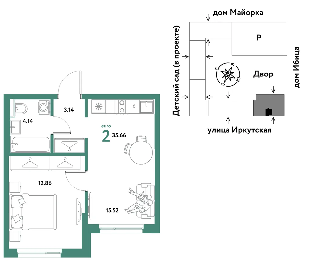 Планировка 2-комн. квартира, 35.66 м² ЖК «Остров-сад»