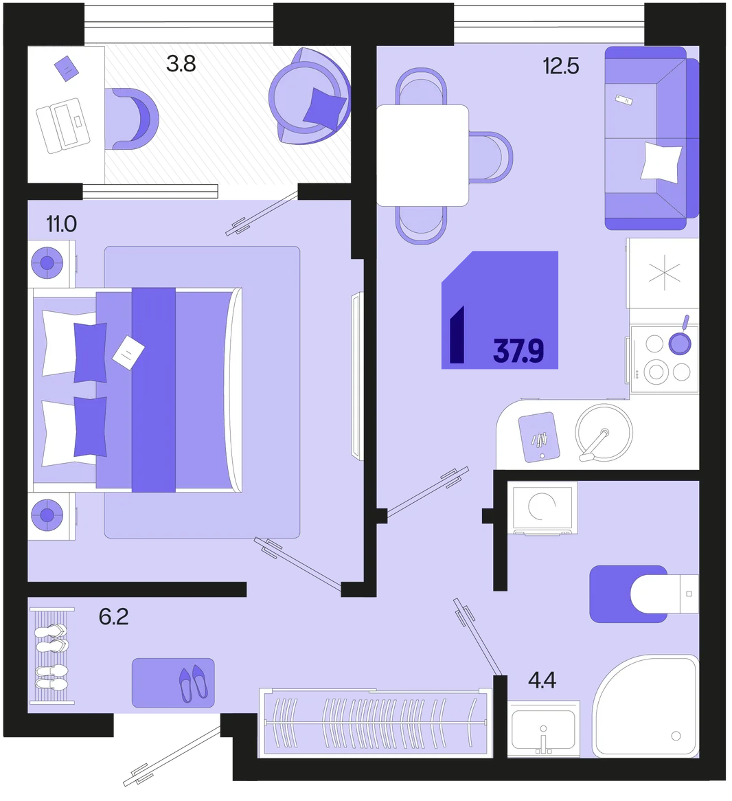 Планировка 1-комн. квартира, 37.9 м² ЖК «Первое место»