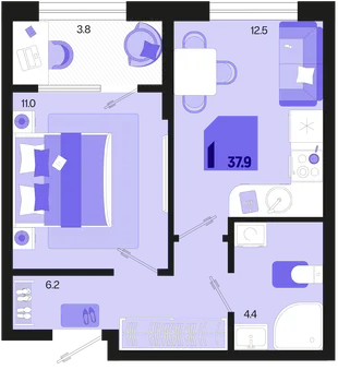 Планировка 1-комн. квартира, 37.9 м² ЖК «Первое место»