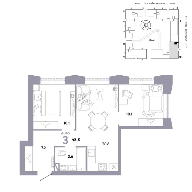 Планировка 3-комн. квартира, 48.8 м² ЖК «Страна.Заречная» Планировка 3-комн. квартира, 48.8 м² ЖК «Страна.Заречная»