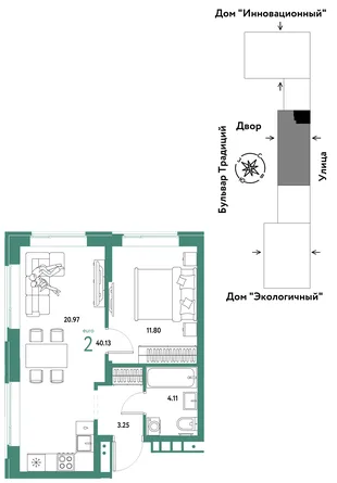 Планировка 2-комн. квартира, 40.13 м² ЖК «Микрорайон Домашний»