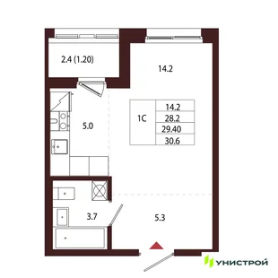 Планировка 1-комн. квартира, 29.4 м² ЖК «Лисино»