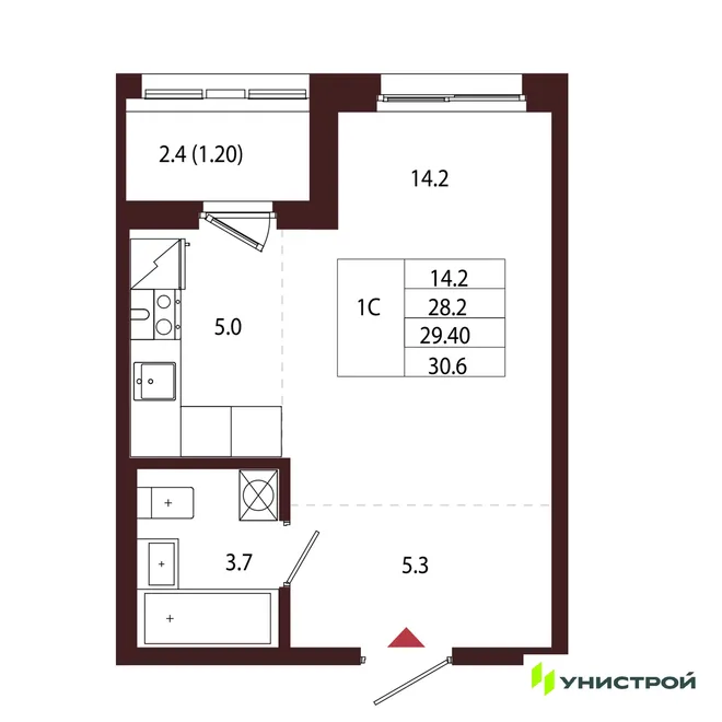 Планировка 1-комн. квартира, 29.4 м² ЖК «Лисино»