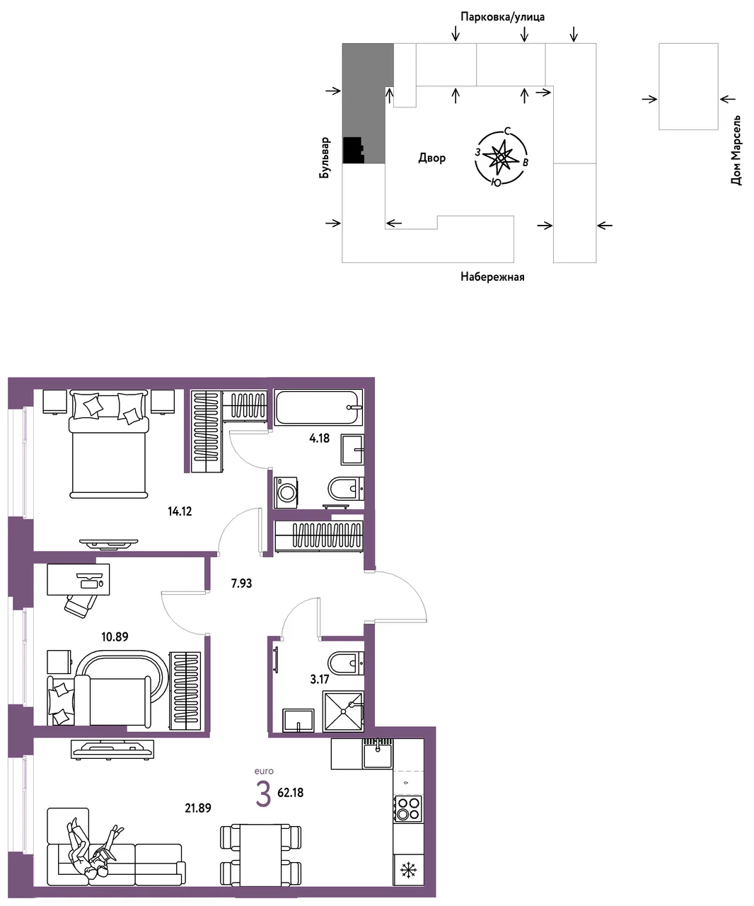 Планировка 3-комн. квартира, 62.18 м² ЖК «Европейский берег 2.0»