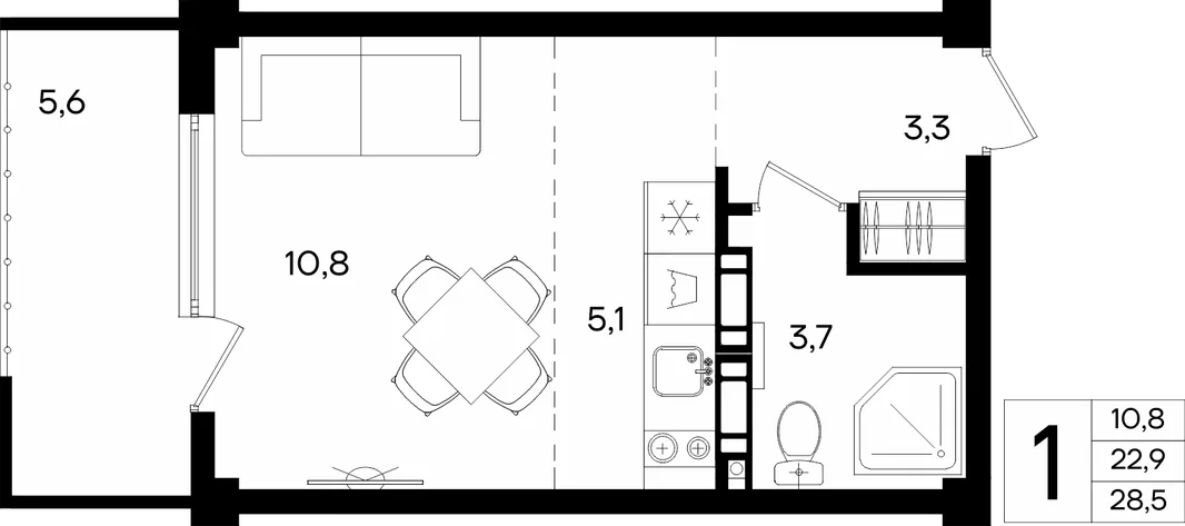 Планировка 1-комн. квартира, 28.5 м² Апарт-комплекс «Альморе»