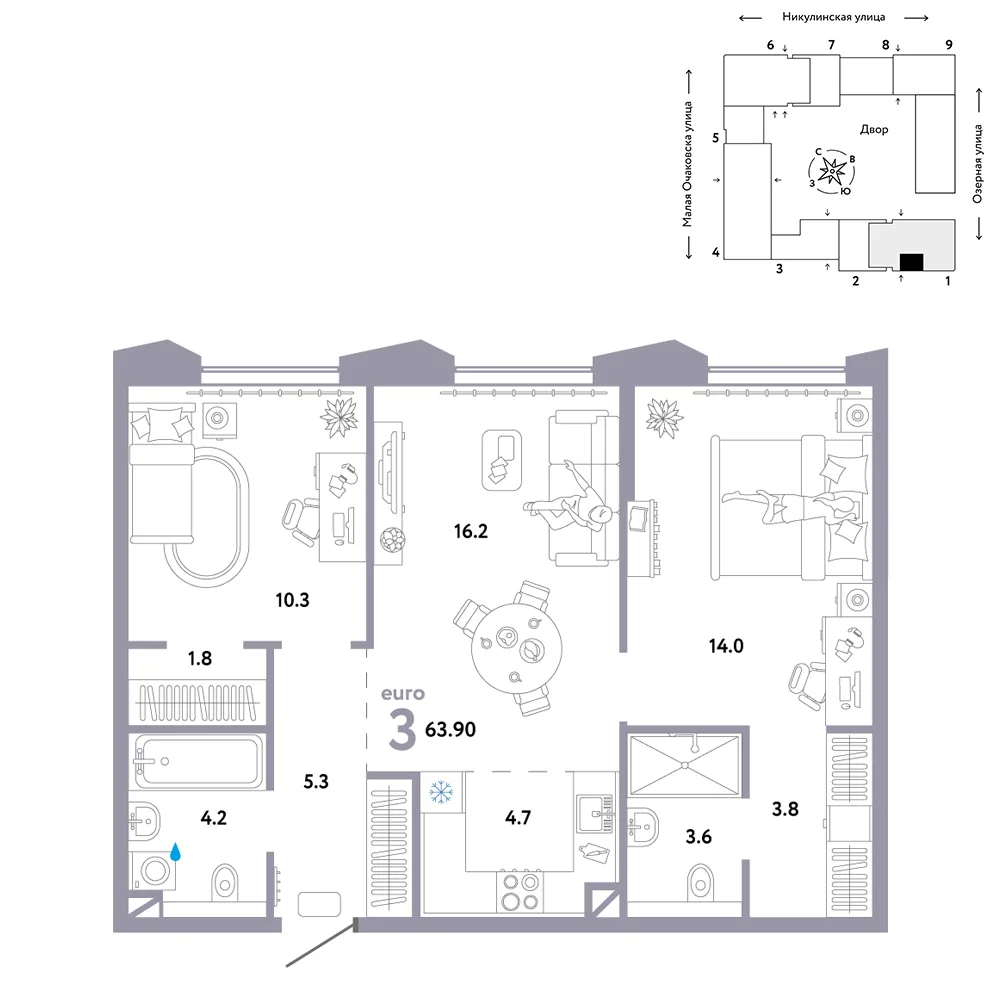 Планировка 3-комн. квартира, 63.9 м² ЖК «Страна.Озёрная»