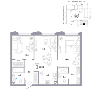 Планировка 3-комн. квартира, 63.9 м² ЖК «Страна.Озёрная»