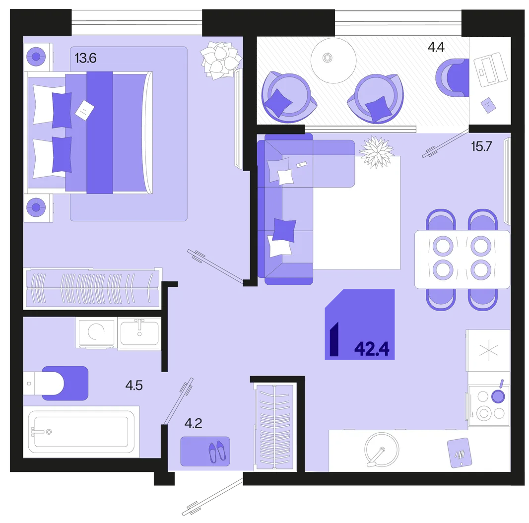 Планировка 1-комн. квартира, 42.4 м² ЖК «Первое место»