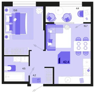 Планировка 1-комн. квартира, 42.4 м² ЖК «Первое место»