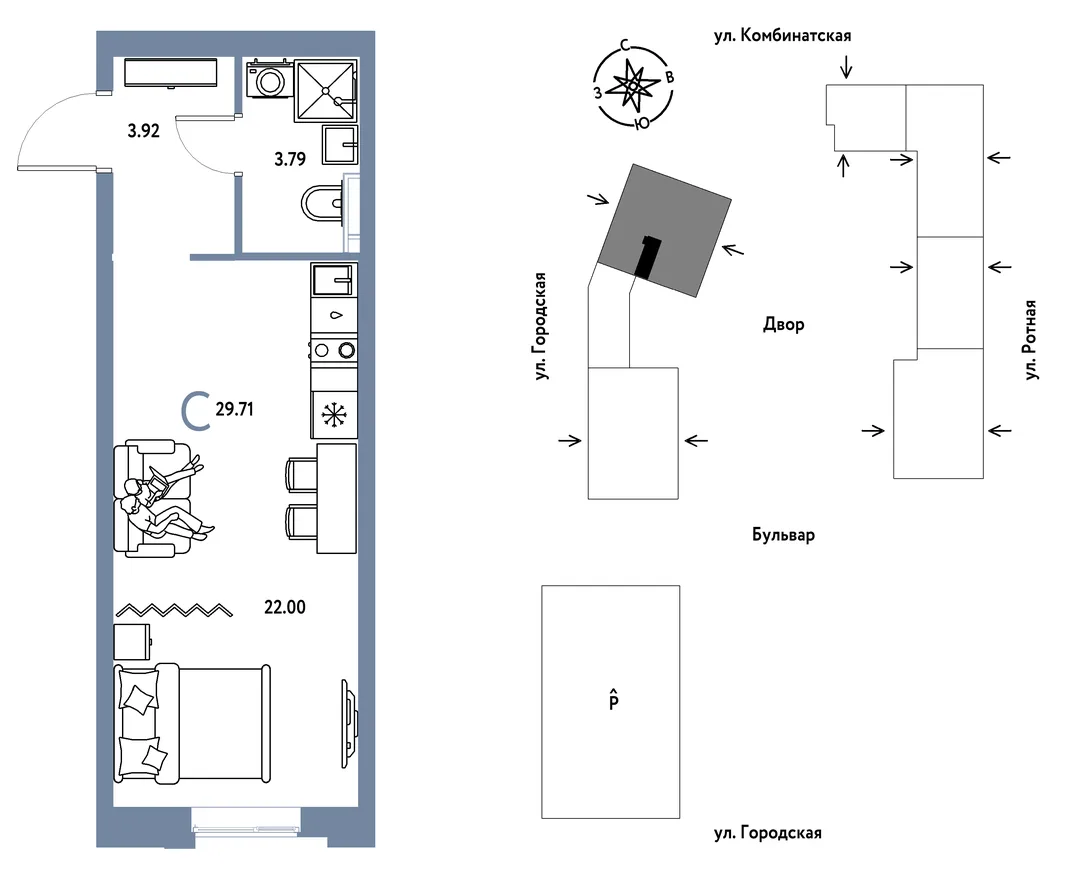 Планировка Студия, 29.71 м² ЖК «Уральский сад»