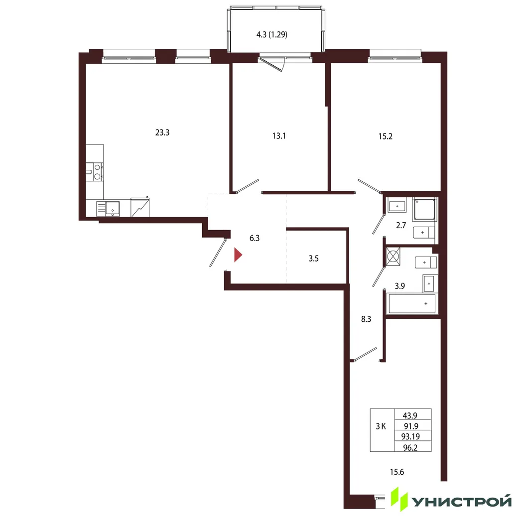 Планировка 3-комн. квартира, 93.19 м² ЖК «Лисино»