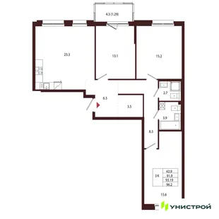 Планировка 3-комн. квартира, 93.19 м² ЖК «Лисино»