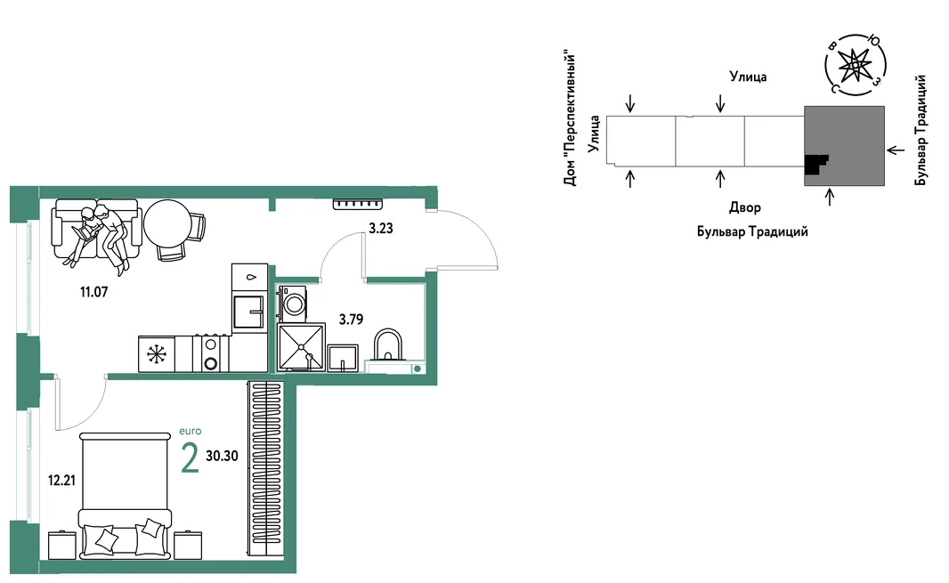 Планировка 2-комн. квартира, 30.3 м² ЖК «Микрорайон Домашний»