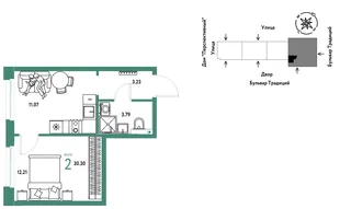 Планировка 2-комн. квартира, 30.3 м² ЖК «Микрорайон Домашний»