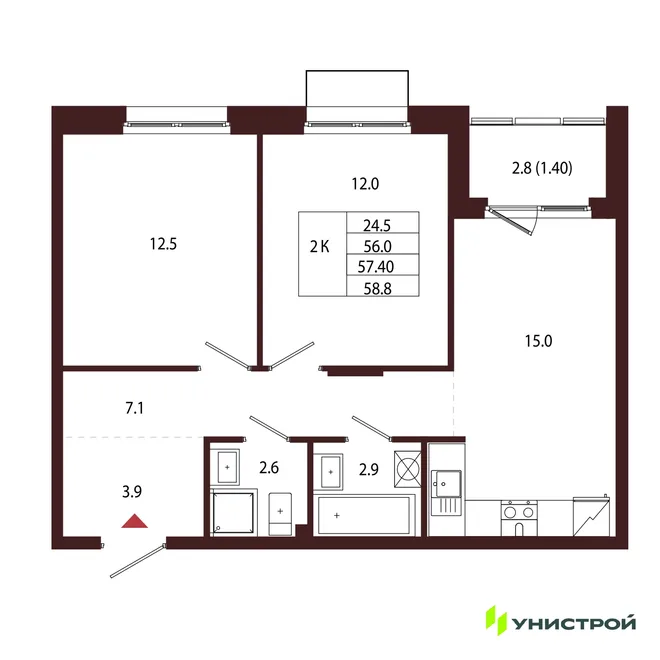 Планировка 2-комн. квартира, 57.4 м² ЖК «Лисино»