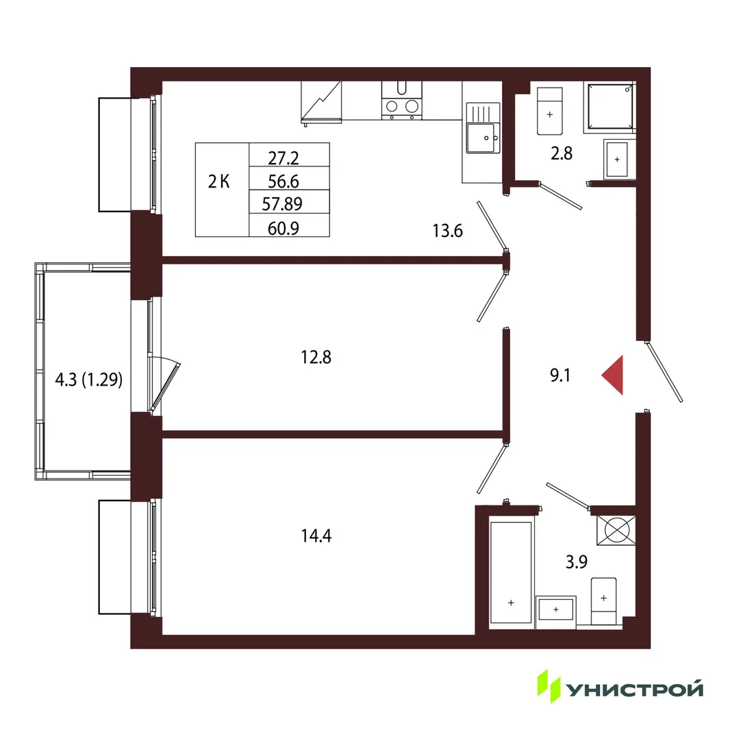 Планировка 2-комн. квартира, 57.89 м² ЖК «Лисино»