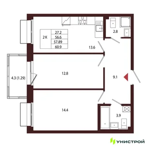 Планировка 2-комн. квартира, 57.89 м² ЖК «Лисино»