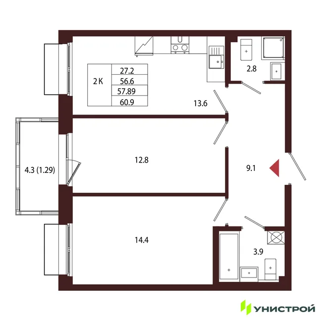 Планировка 2-комн. квартира, 57.89 м² ЖК «Лисино» Планировка 2-комн. квартира, 57.89 м² ЖК «Лисино»