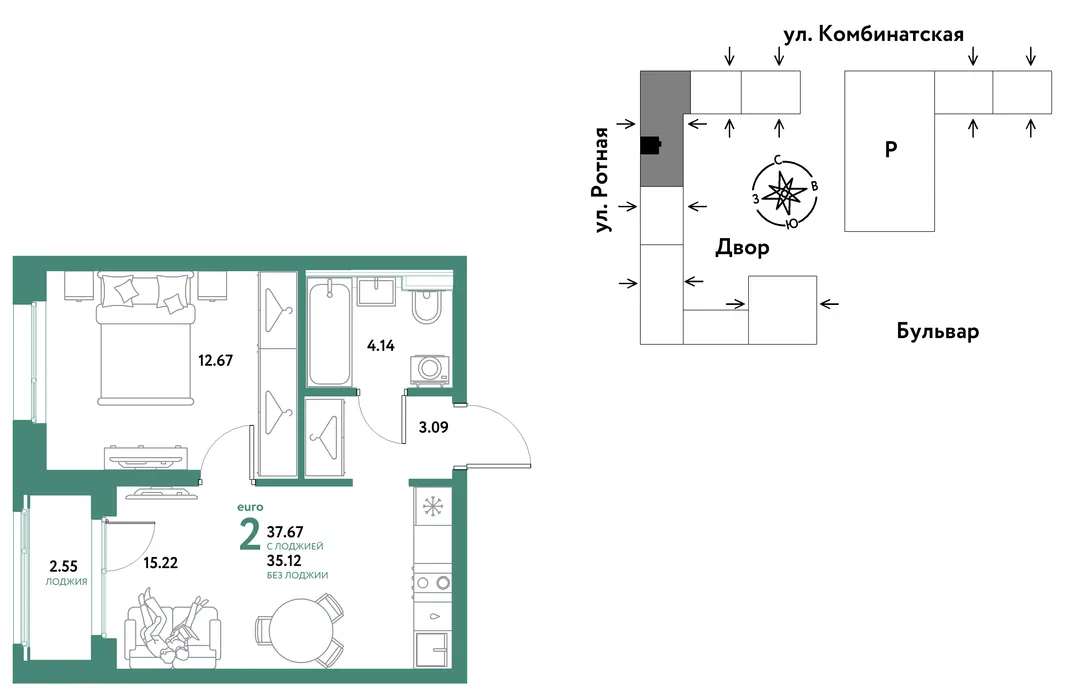 Планировка 2-комн. квартира, 37.45 м² ЖК «Уральский сад»