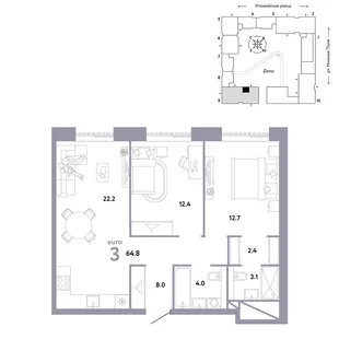 Планировка 3-комн. квартира, 64.8 м² ЖК «Страна.Заречная»