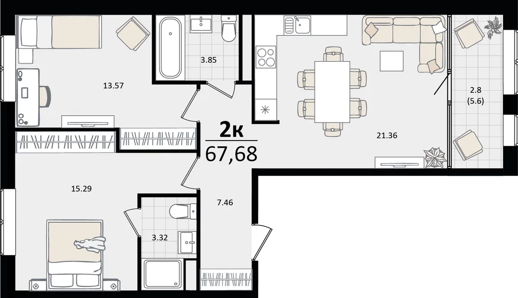 Планировка 2-комн. квартира, 67.68 м² ЖК «Патрики»