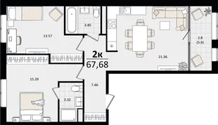 Планировка 2-комн. квартира, 67.68 м² ЖК «Патрики»