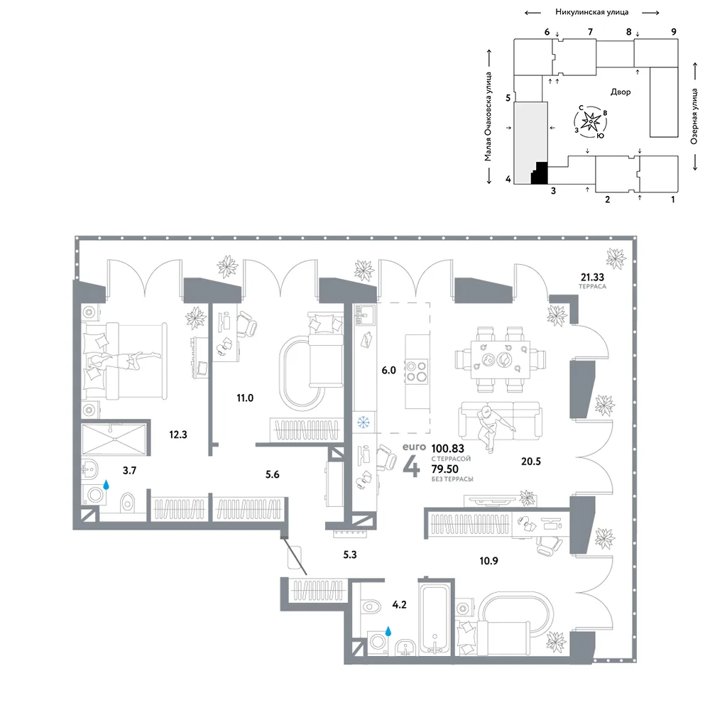 Планировка 4-комн. квартира, 100.83 м² ЖК «Страна.Озёрная»