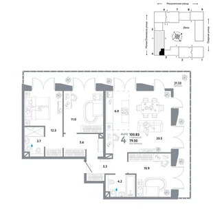 Планировка 4-комн. квартира, 100.83 м² ЖК «Страна.Озёрная»