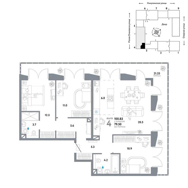 Планировка 4-комн. квартира, 100.83 м² ЖК «Страна.Озёрная» Планировка 4-комн. квартира, 100.83 м² ЖК «Страна.Озёрная»