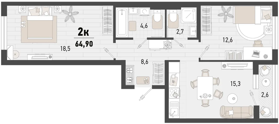 Планировка 2-комн. квартира, 64.9 м² ЖК «Барса»