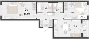 Планировка 2-комн. квартира, 64.9 м² ЖК «Барса»