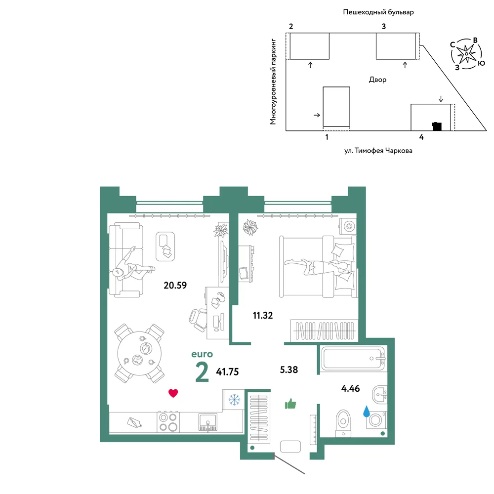 Планировка 2-комн. квартира, 41.75 м² ЖК «Микрорайон Звездный»