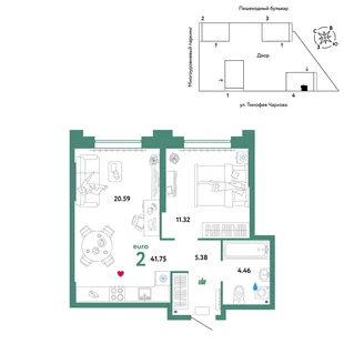 Планировка 2-комн. квартира, 41.75 м² ЖК «Микрорайон Звездный»