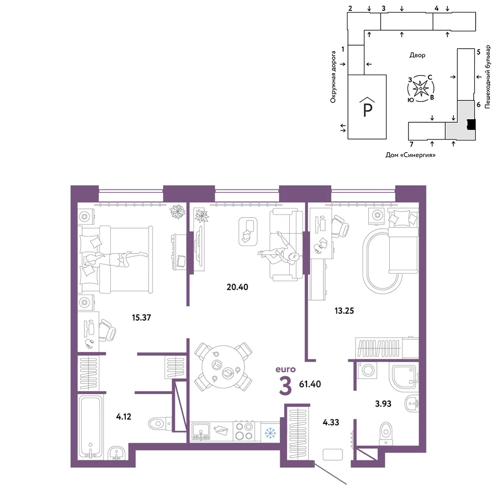 Планировка 3-комн. квартира, 61.4 м² ЖК «Юнион»