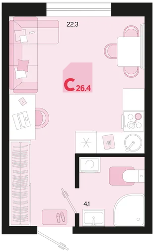 Планировка Студия, 26.4 м² ЖК «Первое место»